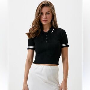 Meshki Black Ribbed Polo Crop Top